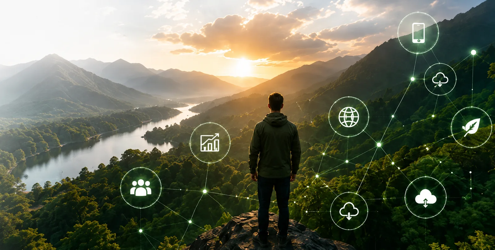 A person standing on a clifftop above a river valley at sunrise, overlaid with a network of connected digital icons